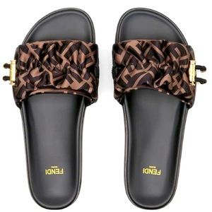 FENDI NWT and Box.. Brown Satin Slides Size 10 (Size 40)